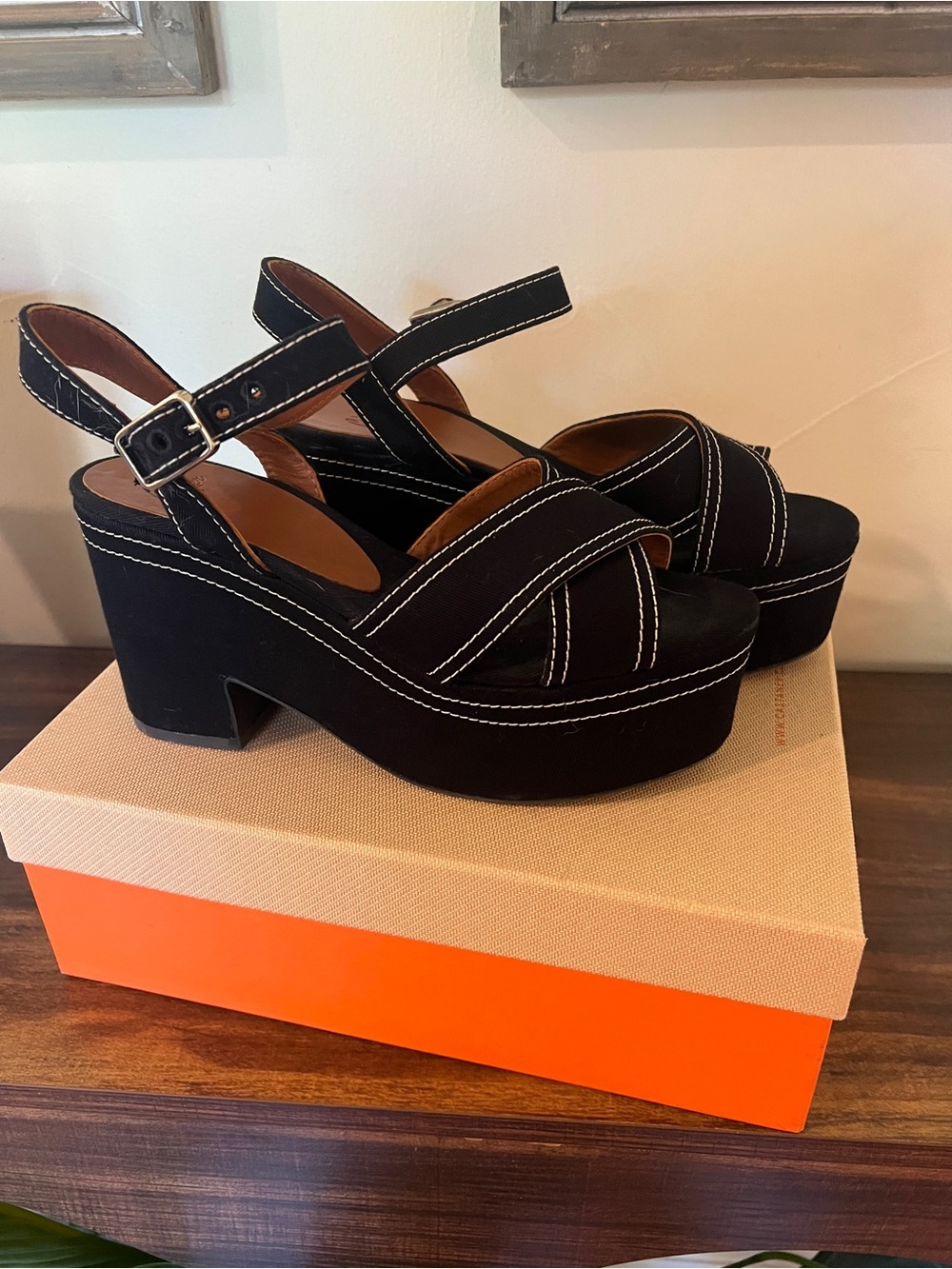 Castaner Black Platform Sandals with White Stitching with box